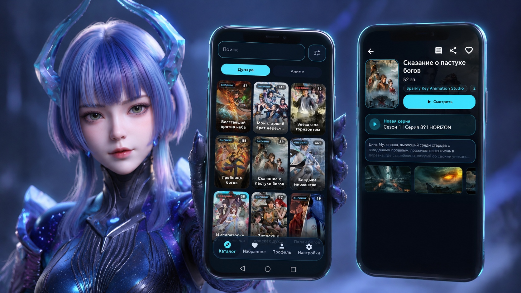 Превью приложения Hanakori: каталог и страница тайтла на Android